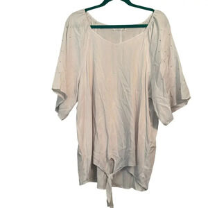 Retrology Womens Knot Front Blouse Top XL White Rayon Rhinestones Short Sleeves